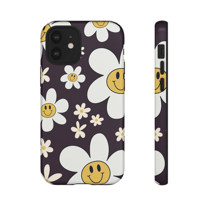 iPhone 12 Mini / Glossy Phone Case - Fun Retro Daisy Pattern with Purple Background Phone Case