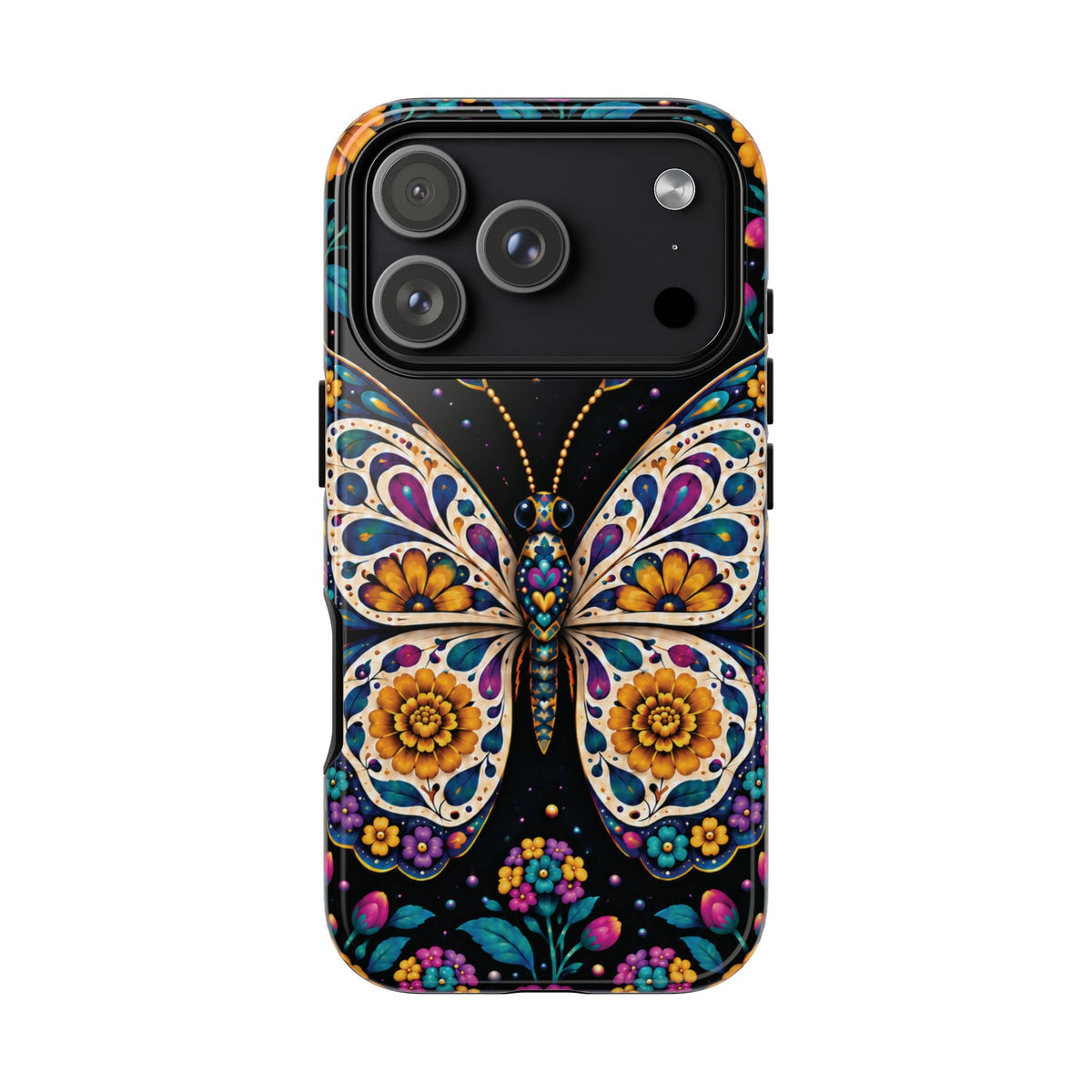 Vibrant Purple and Teal Calavera Butterfly Phone Case - Multicolor Phone Case - iPhone 17 Pro / Glossy