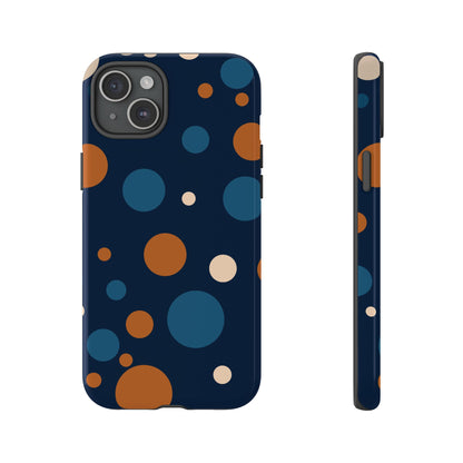 iPhone 15 Plus / Glossy Phone Case - ’Bold Navy Blue & Orange / White Dot Pattern’ Phone Case