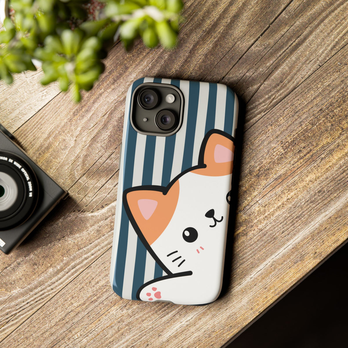 Playful Peakaboo Cat with Blue Stripe Pattern Phone Case - Blue Phone Case