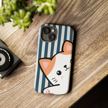 Playful Peakaboo Cat with Blue Stripe Pattern Phone Case - Blue Phone Case