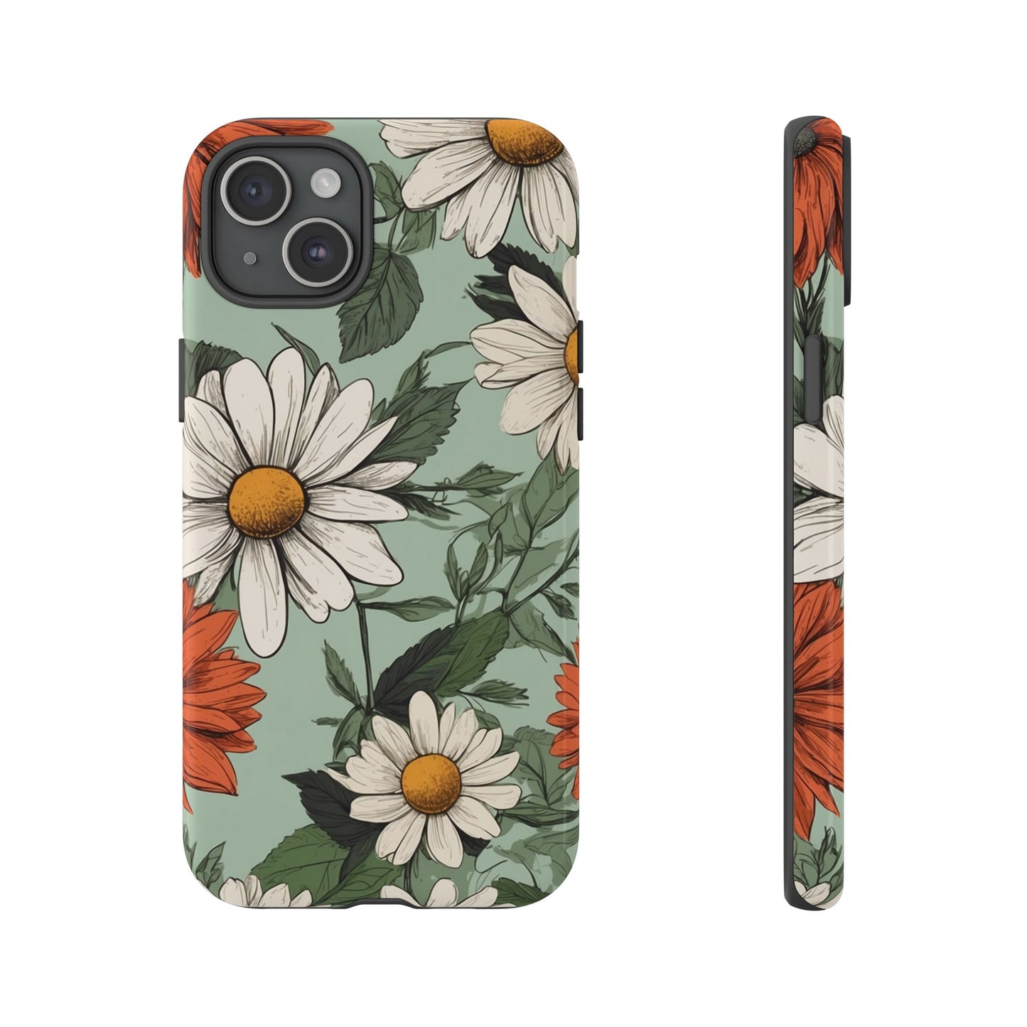 iPhone 15 Plus / Glossy Phone Case - Boho Chic Daisies Floral Pattern ’White & Orange’ Phone Case