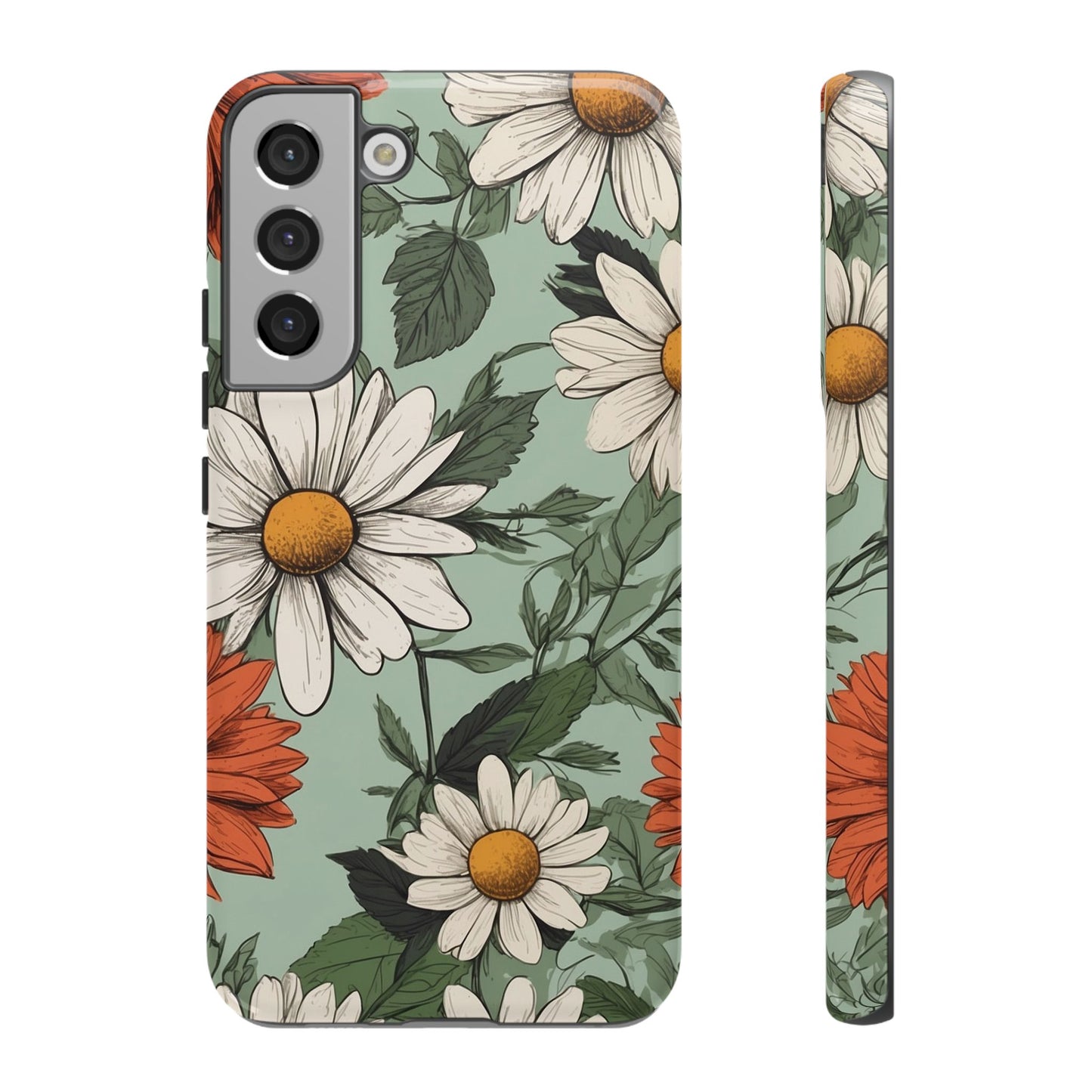 Samsung Galaxy S22 Plus / Glossy Phone Case - Boho Chic Daisies Floral Pattern ’White & Orange’ Phone Case