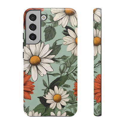 Samsung Galaxy S22 Plus / Glossy Phone Case - Boho Chic Daisies Floral Pattern ’White & Orange’ Phone Case