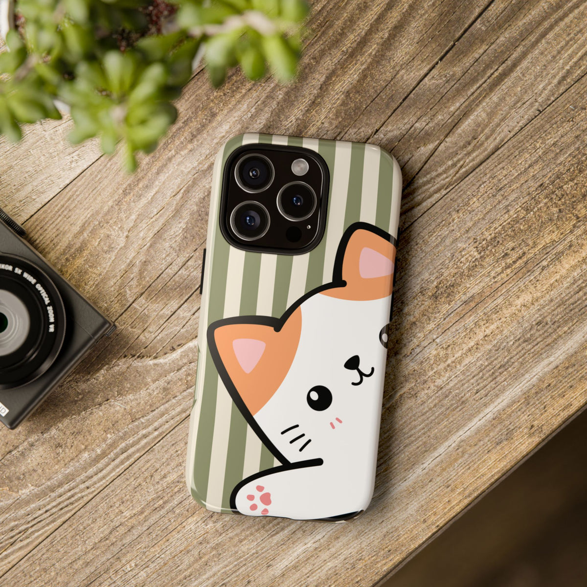 Playful Peakaboo Cat with Green Stripe Pattern Phone Case - Green Phone Case