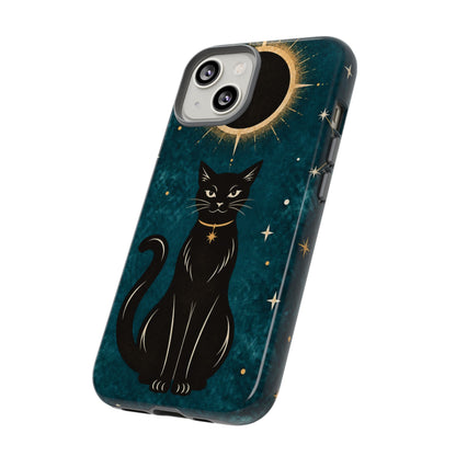 Whimsical Teal Celestial Black Cat Phone Case