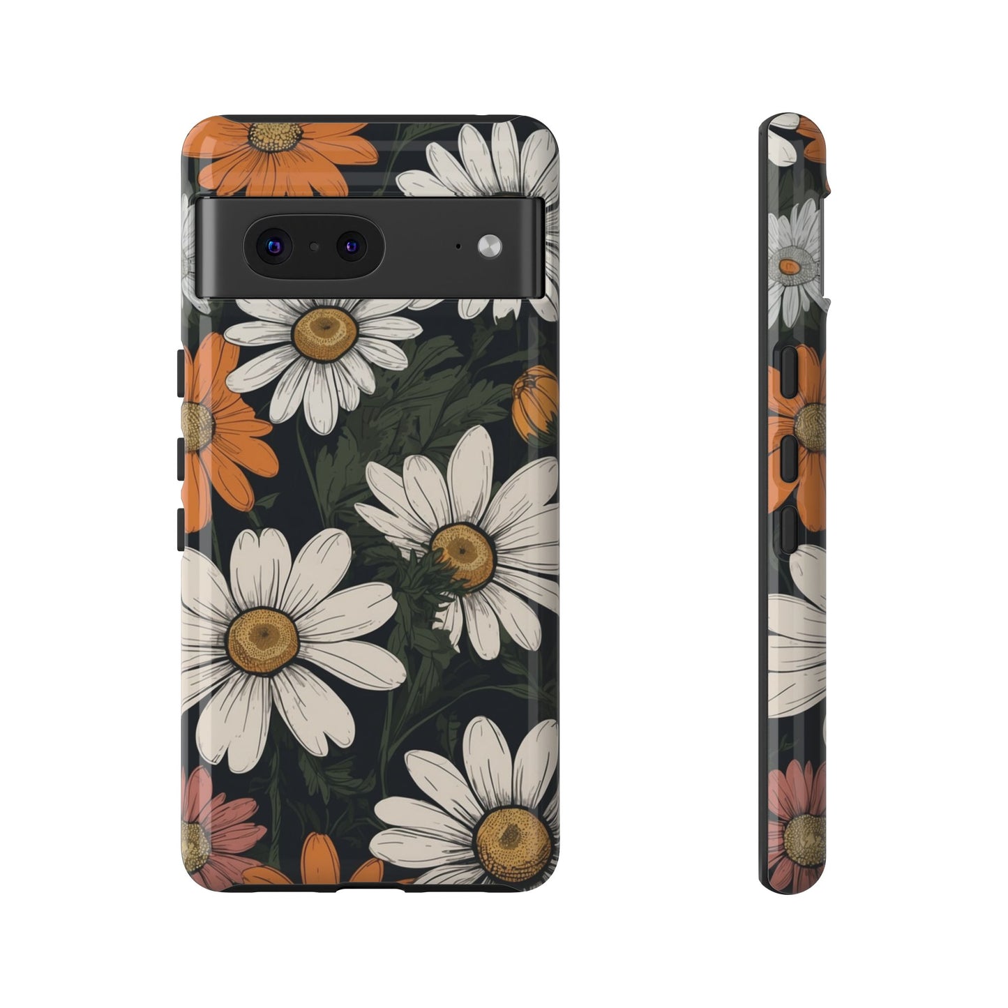 Google Pixel 7 / Glossy Phone Case - Boho Chic Daisies Floral Pattern ’White Orange & Pink’ Phone Case