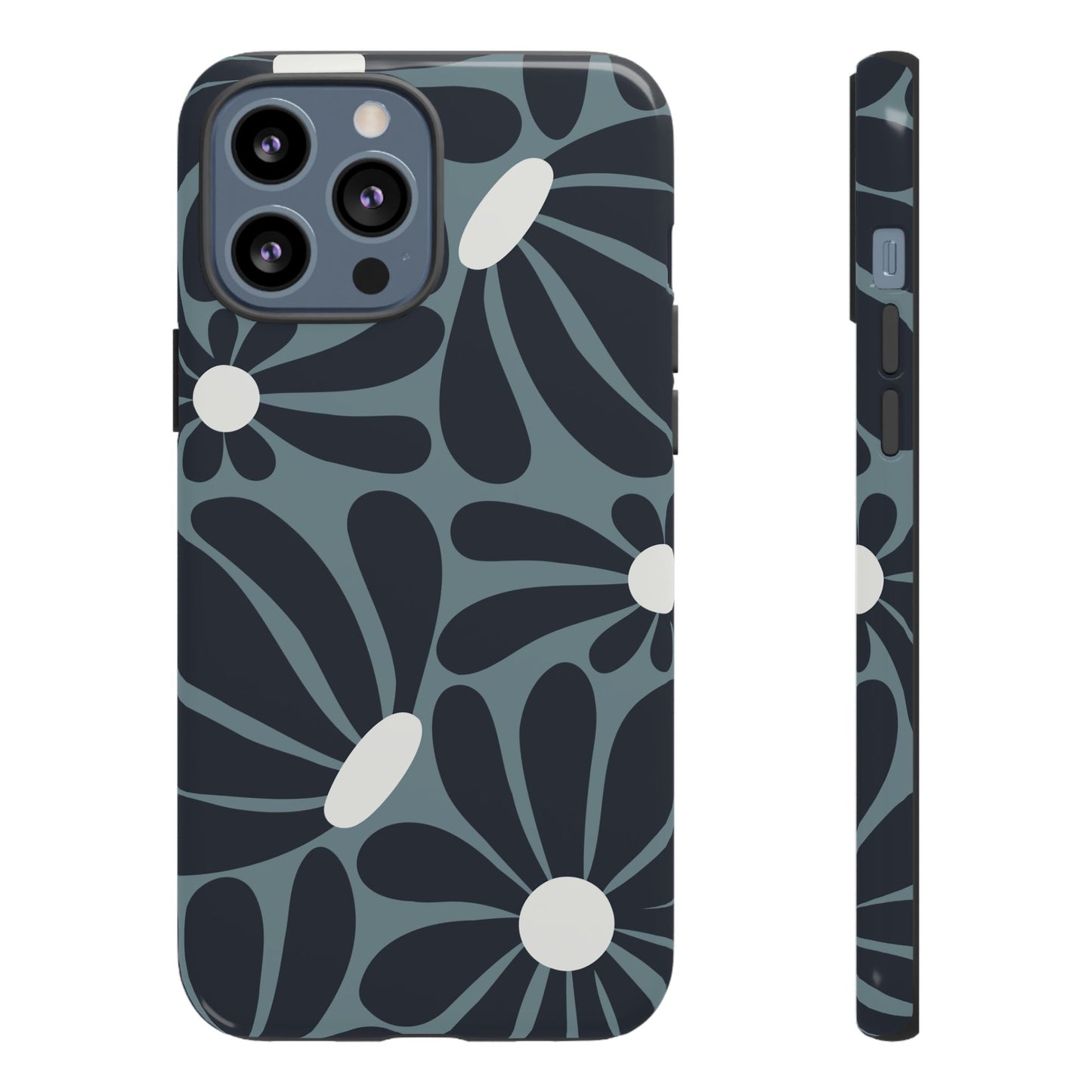 iPhone 13 Pro Max / Glossy Phone Case - ’Retro Navy Blue & White Daisy Pattern’ Phone Case
