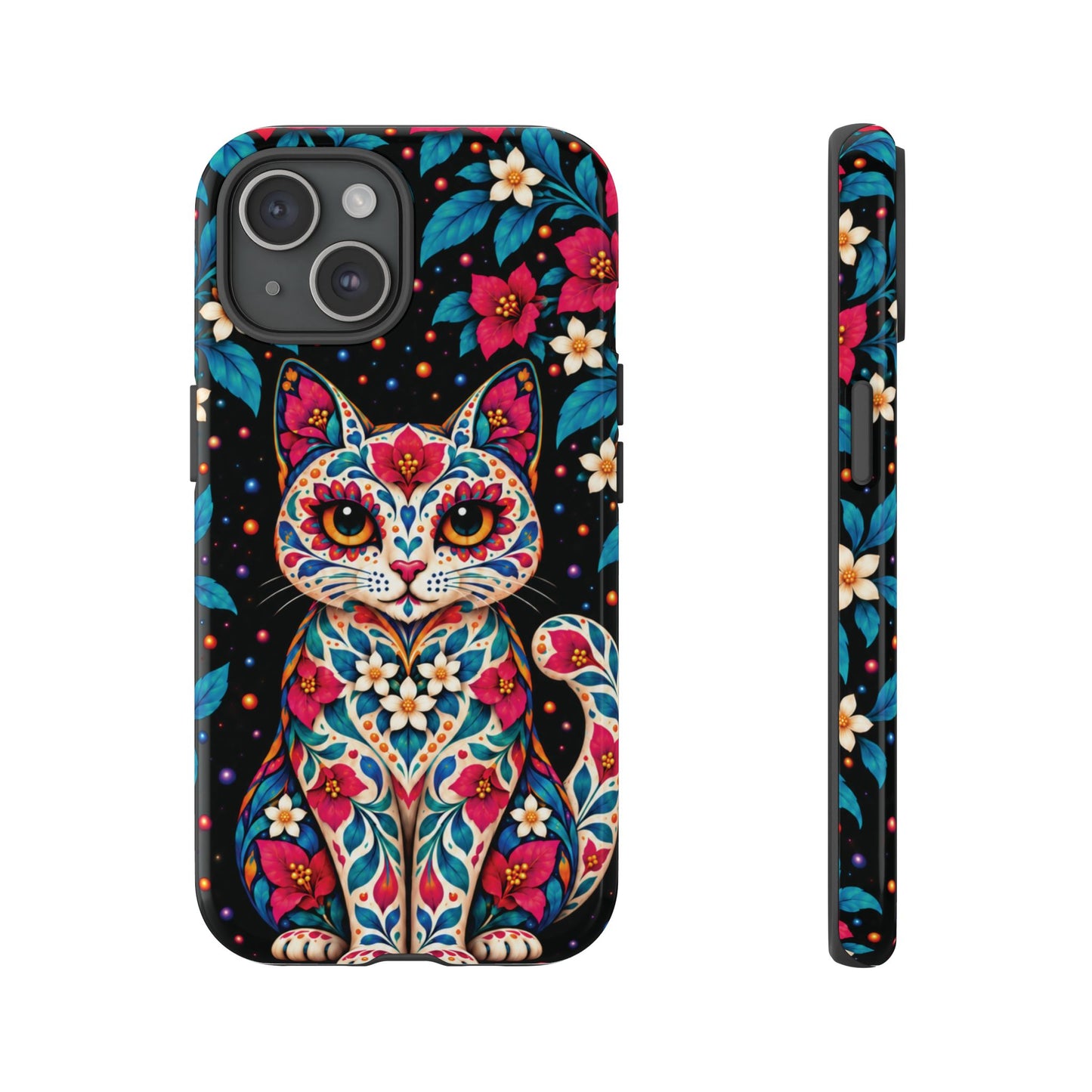 Vibrant Pink and Turquoise Calavera Cat Phone Case - Multicolor Phone Case - iPhone 15 / Glossy