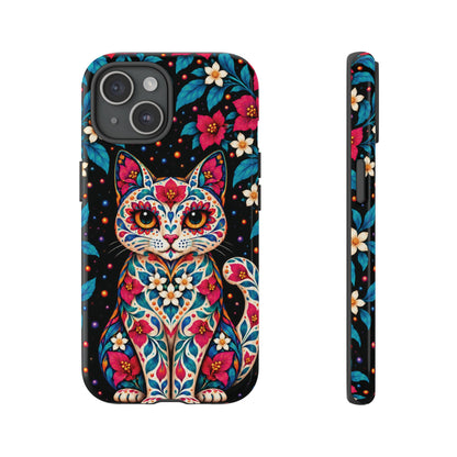 Vibrant Pink and Turquoise Calavera Cat Phone Case - Multicolor Phone Case - iPhone 15 / Glossy