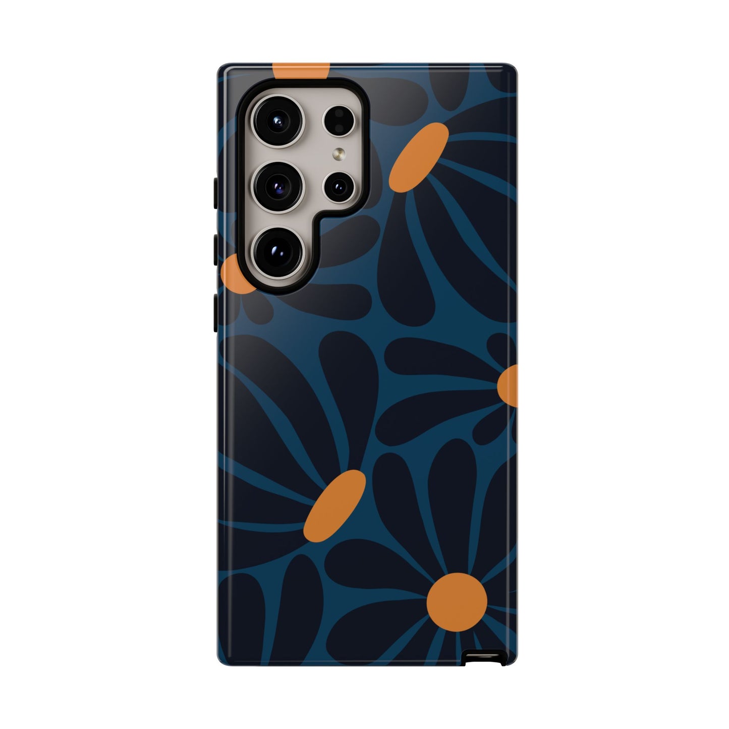 Samsung Galaxy S24 Ultra / Glossy Phone Case - ’Dark Blue & Orange Daisy Pattern’ Phone Case