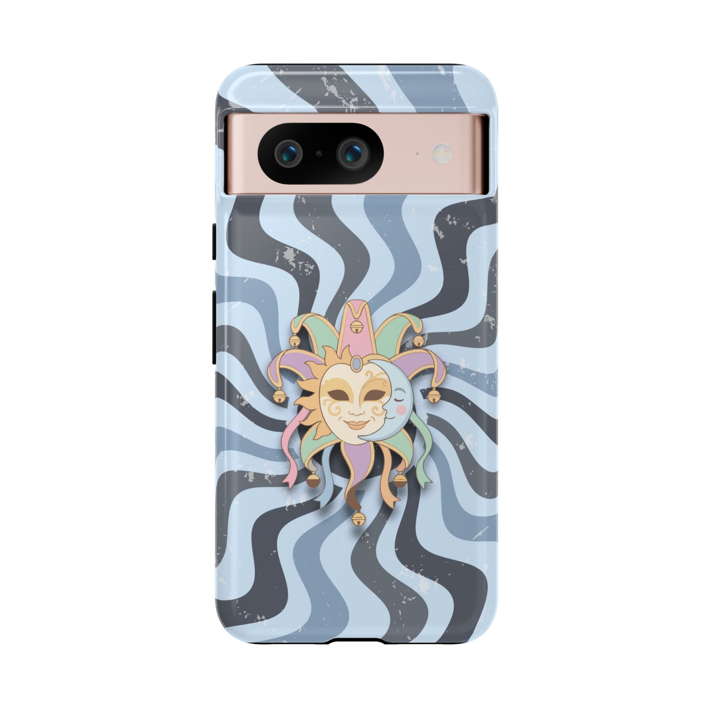 Google Pixel 8 / Glossy Phone Case - Sun & Moon Jester Mask – Blue Retro Wave Phone Case