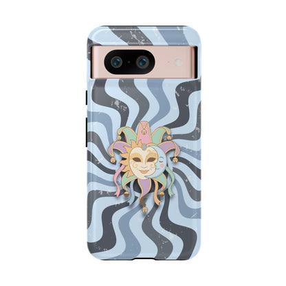 Google Pixel 8 / Glossy Phone Case - Sun & Moon Jester Mask – Blue Retro Wave Phone Case