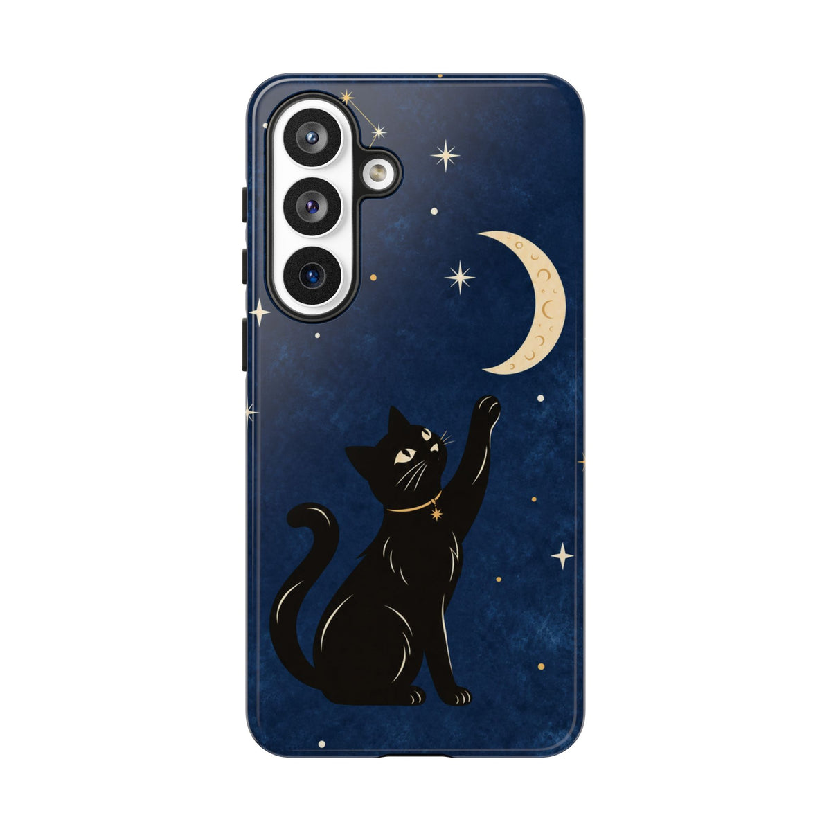 Whimsical Navy Blue Celestial Black Cat Phone Case