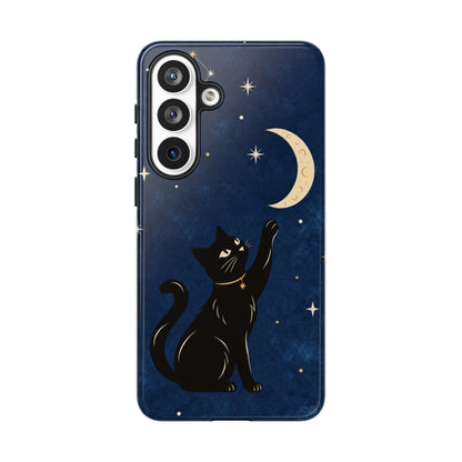 Whimsical Navy Blue Celestial Black Cat Phone Case