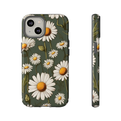 iPhone 14 / Glossy Phone Case - Boho Chic Daisies Floral Pattern ’White & Green’ Phone Case