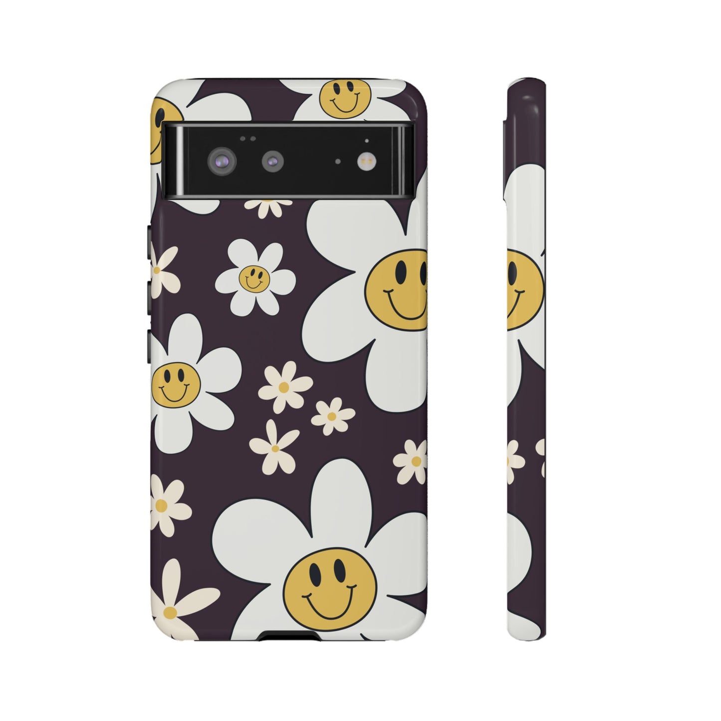 Google Pixel 6 / Glossy Phone Case - Fun Retro Daisy Pattern with Purple Background Phone Case