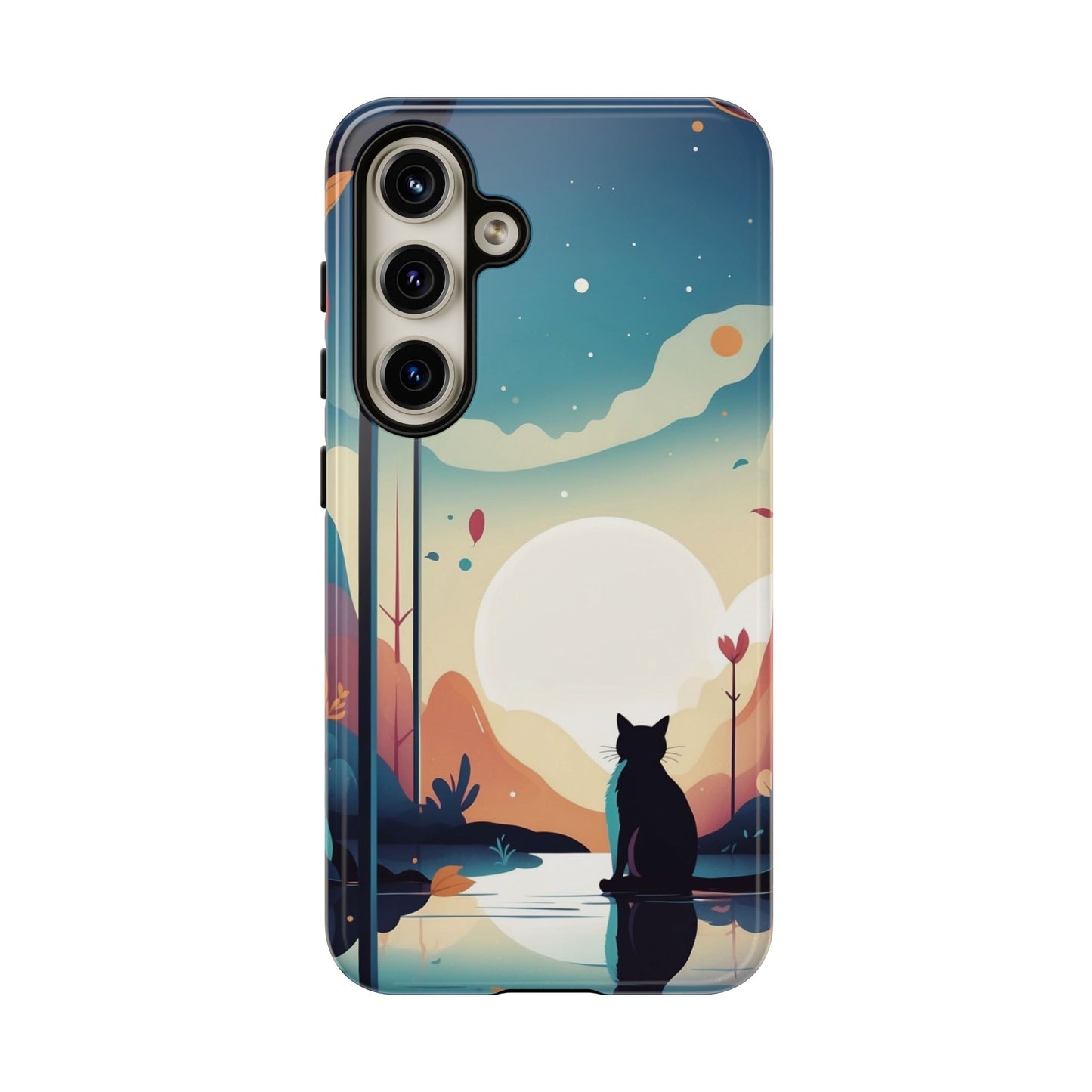 Samsung Galaxy S24 / Glossy Phone Case - Stylised Cat & Moon Design Phone Case