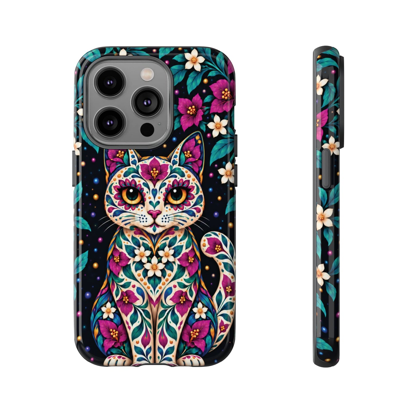 Vibrant Purple and Teal Calavera Cat Phone Case - Multicolor Phone Case - iPhone 14 Pro / Glossy
