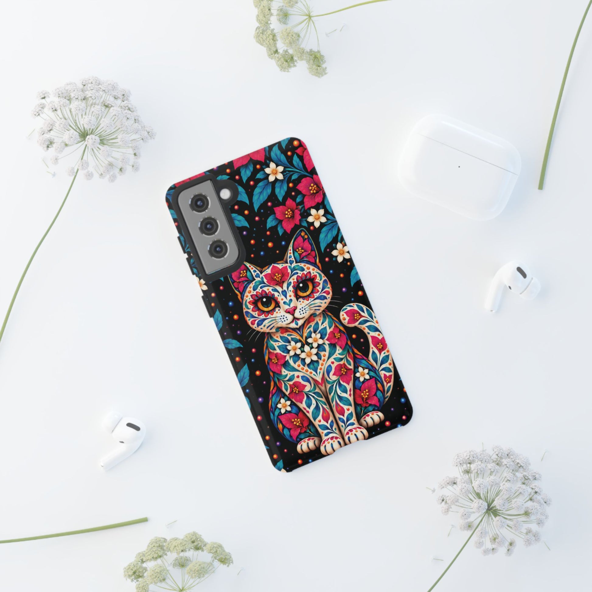 Vibrant Pink and Turquoise Calavera Cat Phone Case - Multicolor Phone Case
