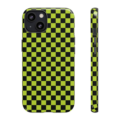 iPhone 13 / Glossy Phone Case - Trendy Neon Lime Green & Plum Small Checked Pattern Phone Case