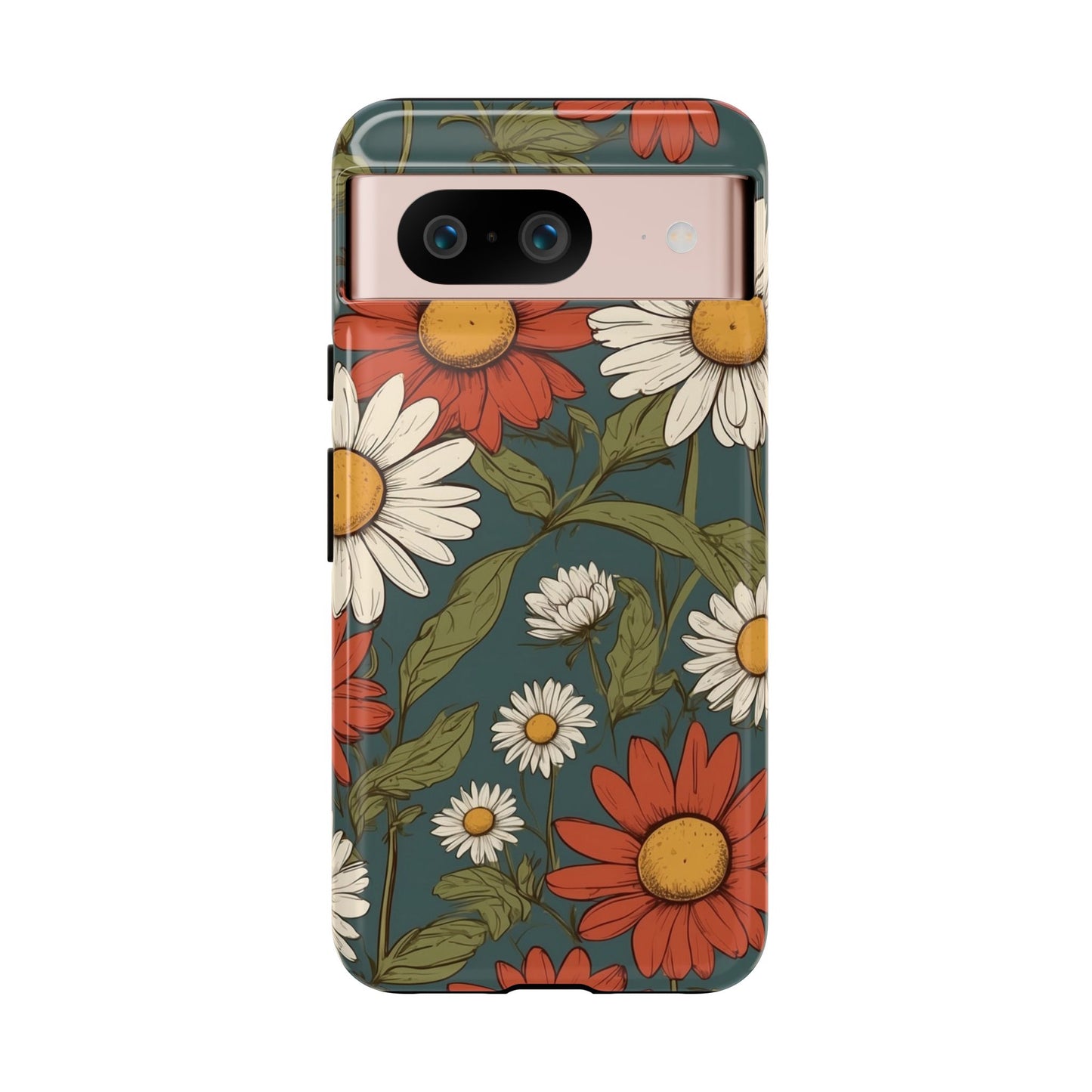 Google Pixel 8 / Glossy Phone Case - Boho Chic Daisies Floral Pattern ’White & Red’ Phone Case