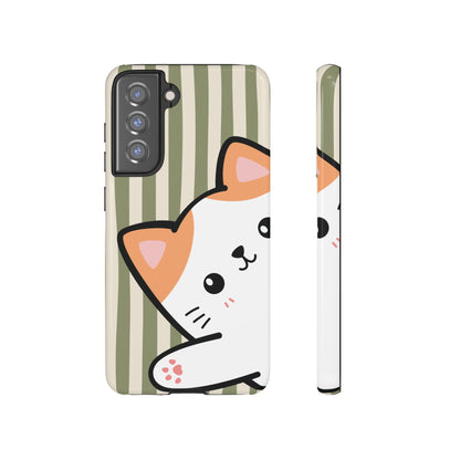 Samsung Galaxy S21 FE / Glossy Phone Case - Peakaboo Cat with Green Stripe Pattern Phone Case