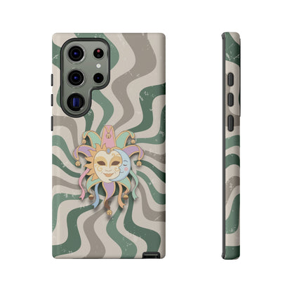 Samsung Galaxy S23 Ultra / Glossy Phone Case - Sun & Moon Jester Mask – Green Retro Wave Phone Case
