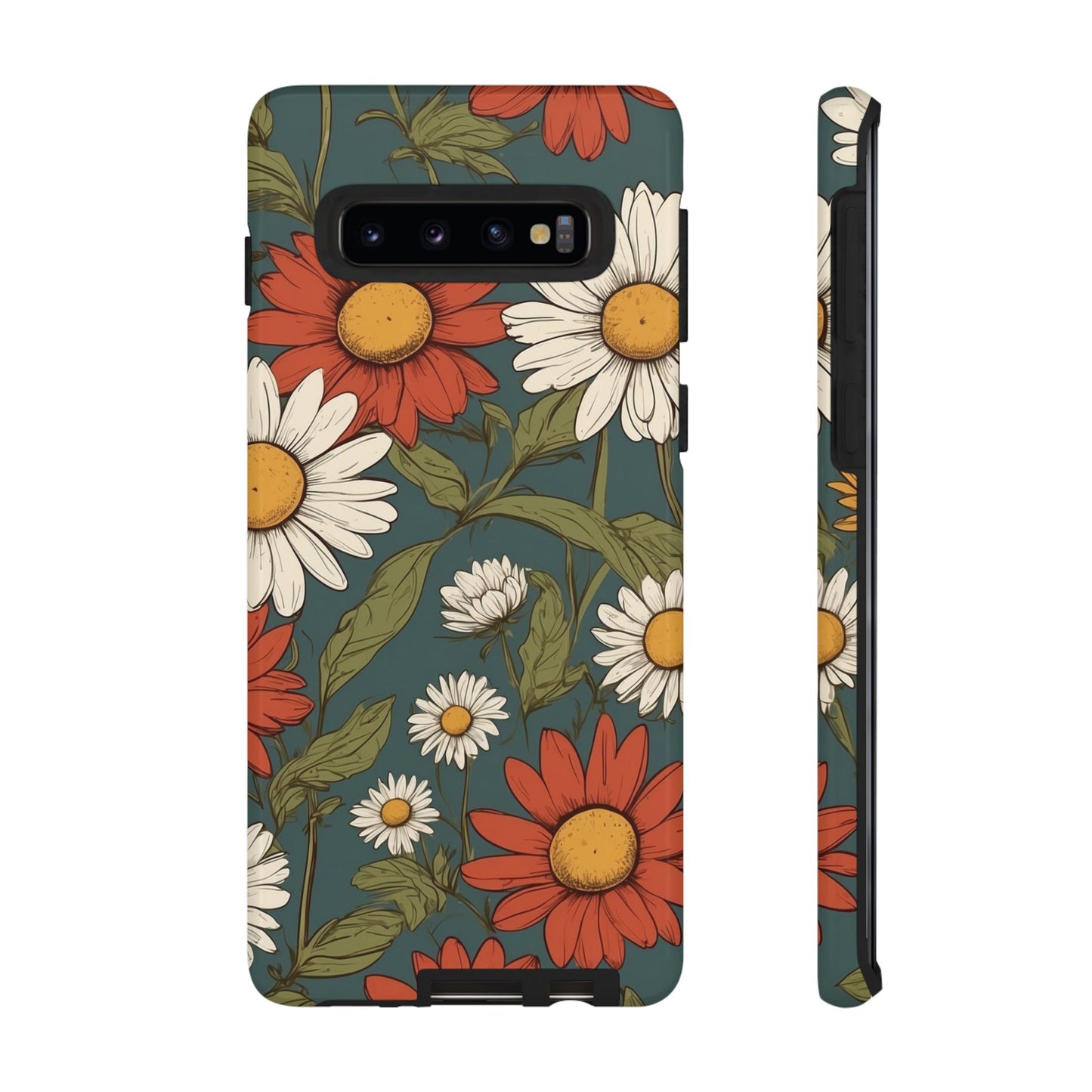 Samsung Galaxy S10 / Glossy Phone Case - Boho Chic Daisies Floral Pattern ’White & Red’ Phone Case