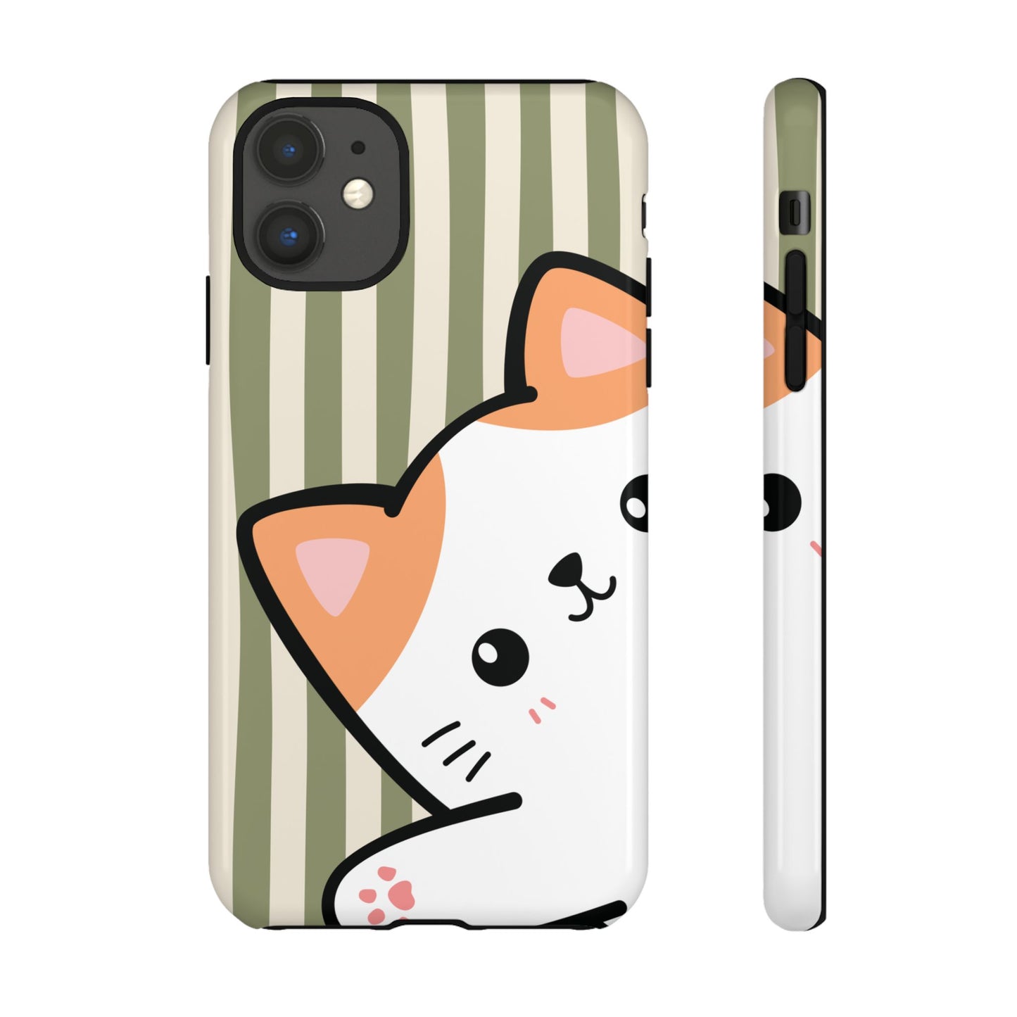 iPhone 11 / Glossy Phone Case - Peakaboo Cat with Green Stripe Pattern Phone Case