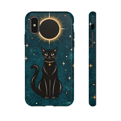 Whimsical Teal Celestial Black Cat Phone Case