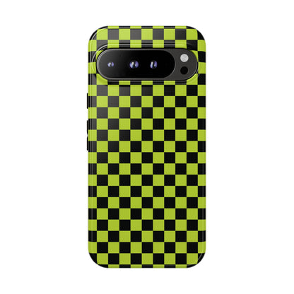 Google Pixel 9 Pro XL / Glossy Phone Case - Trendy Neon Lime Green & Plum Small Checked Pattern Phone Case