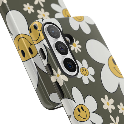 Fun Retro Daisy Pattern with Olive Green Background Phone Case - Green Phone Case