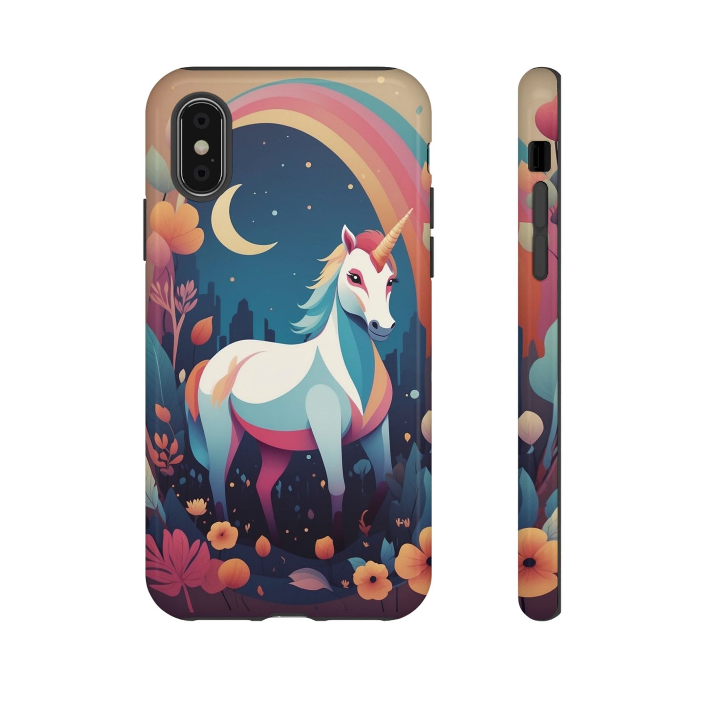iPhone XS / Glossy Phone Case - Stylised Unicorn & Rainbow Design Phone Case