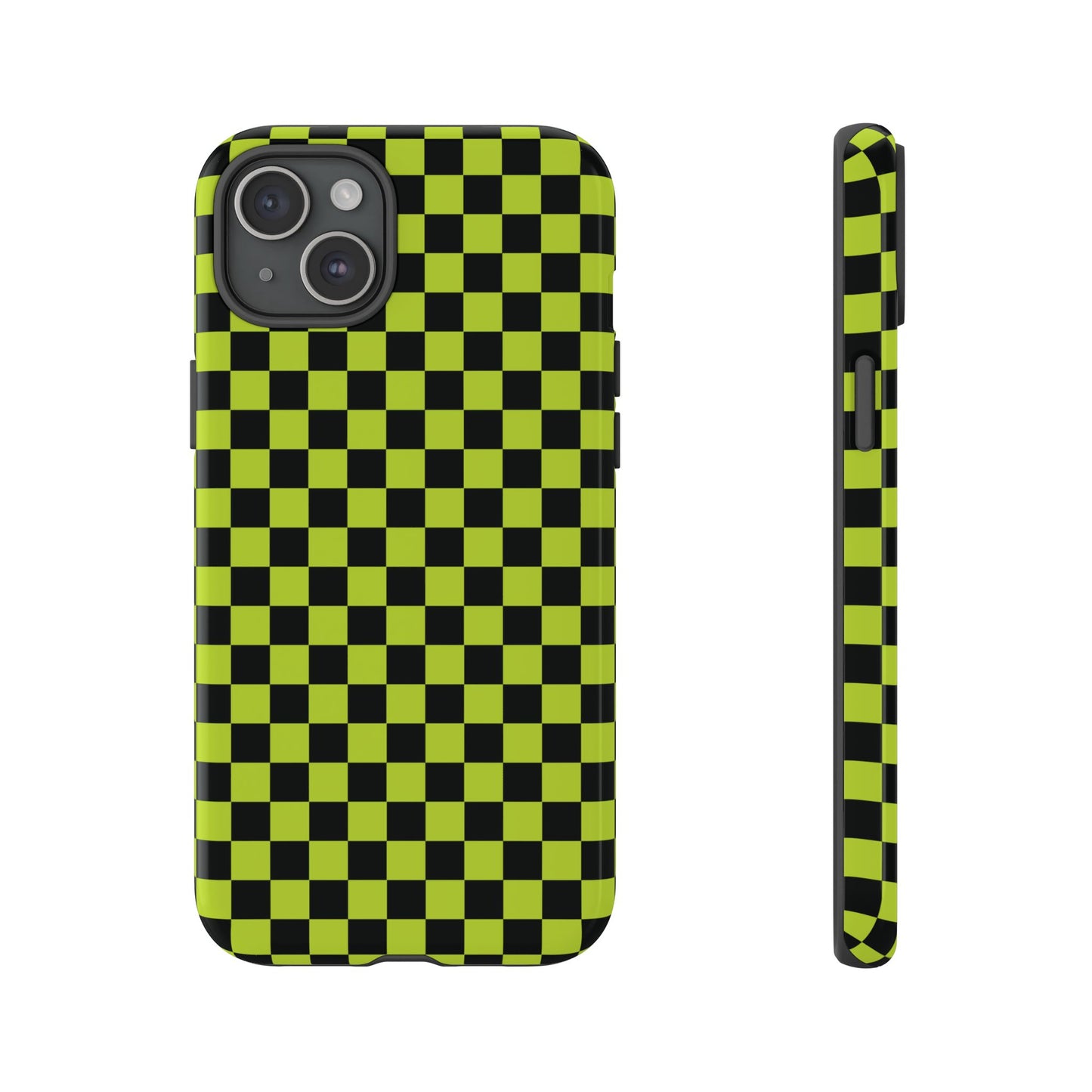 iPhone 15 Plus / Glossy Phone Case - Trendy Neon Lime Green & Plum Small Checked Pattern Phone Case