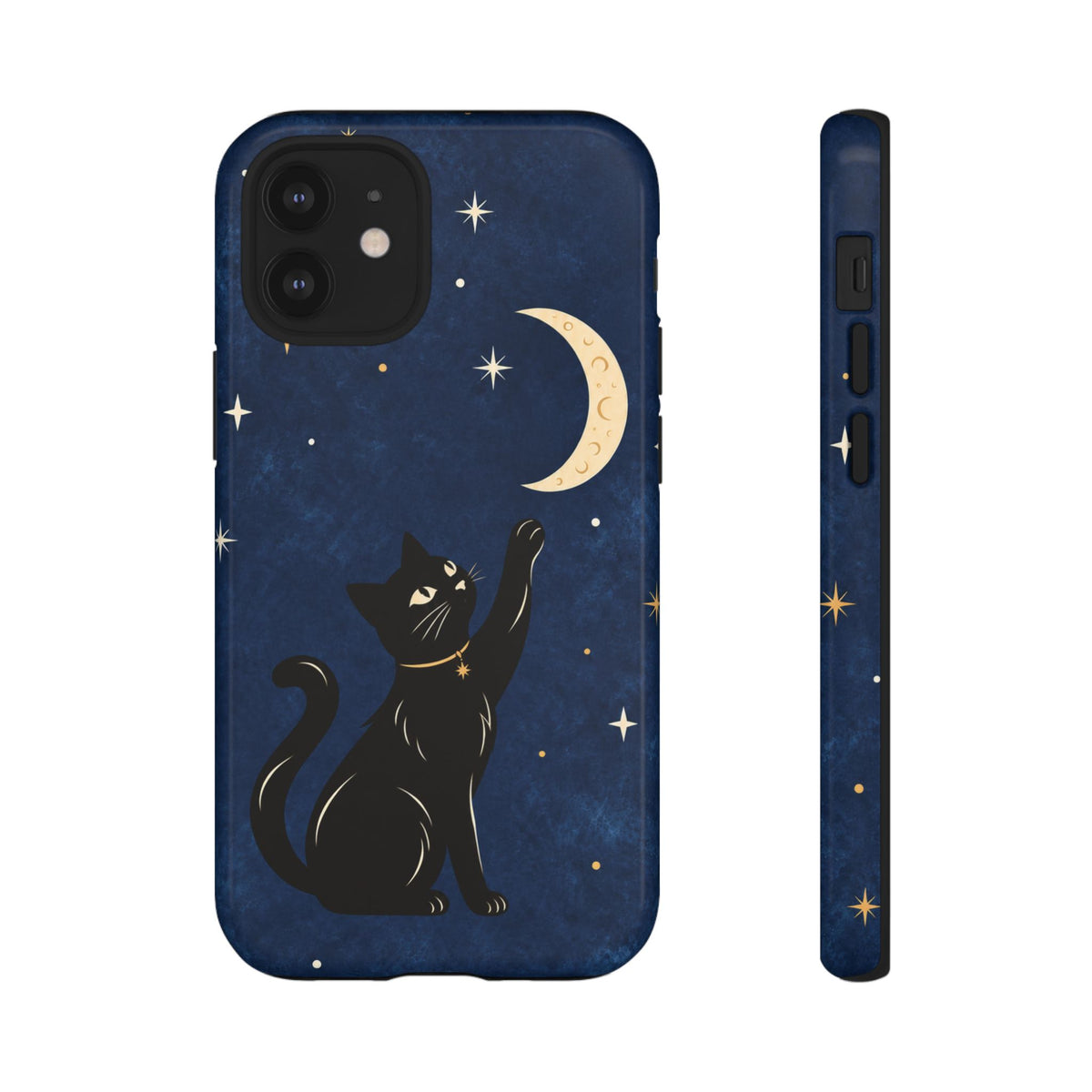 Whimsical Navy Blue Celestial Black Cat Phone Case