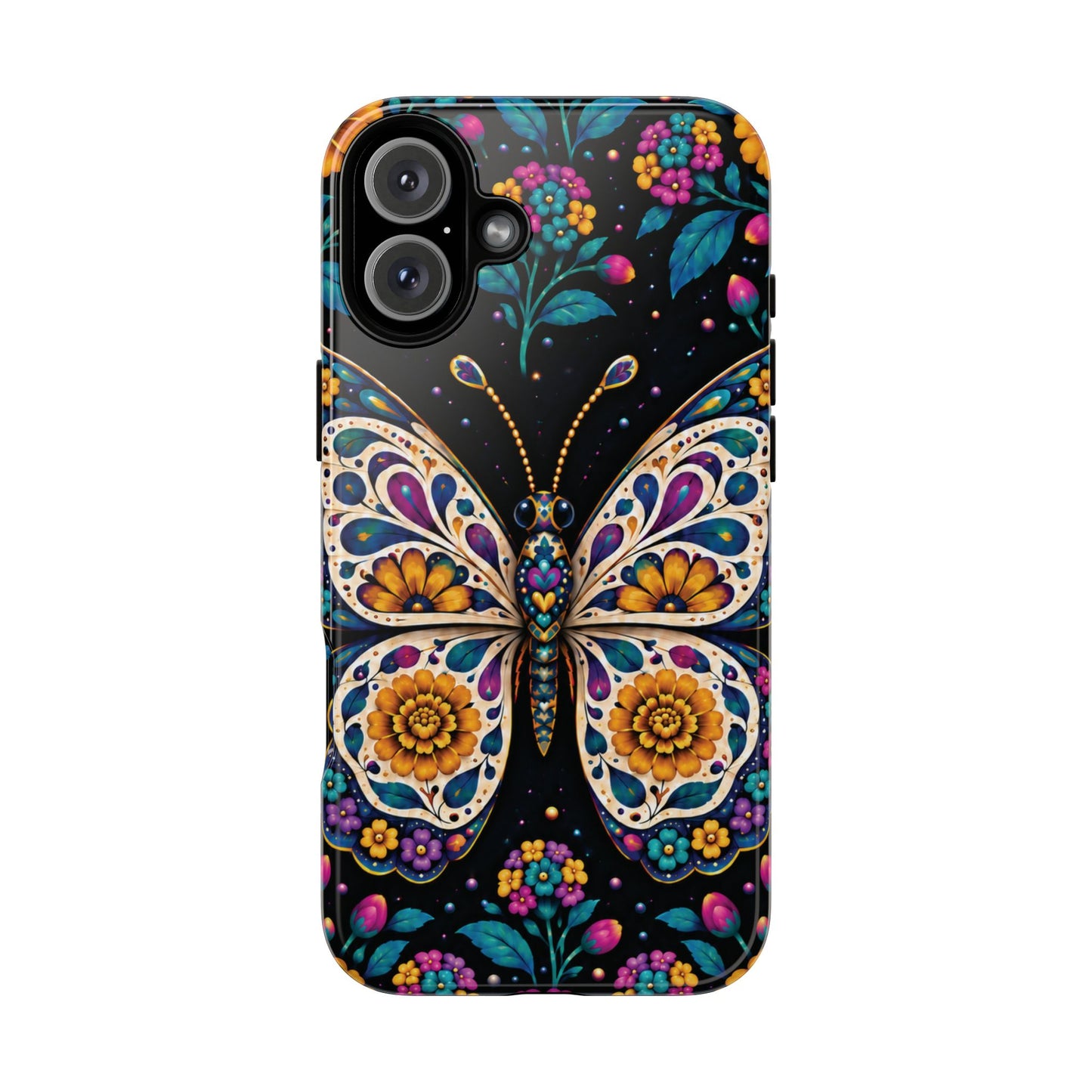 Vibrant Purple and Teal Calavera Butterfly Phone Case - Multicolor Phone Case - iPhone 16 Plus / Glossy