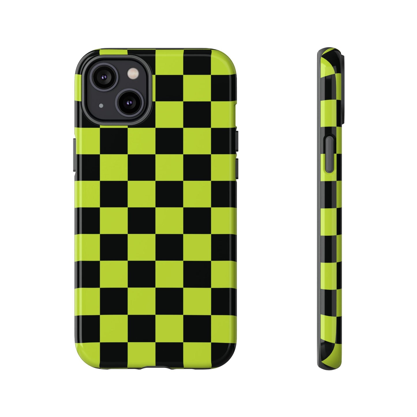 iPhone 14 Plus / Glossy Phone Case - Trendy Neon Lime Green & Black Checked Pattern Phone Case