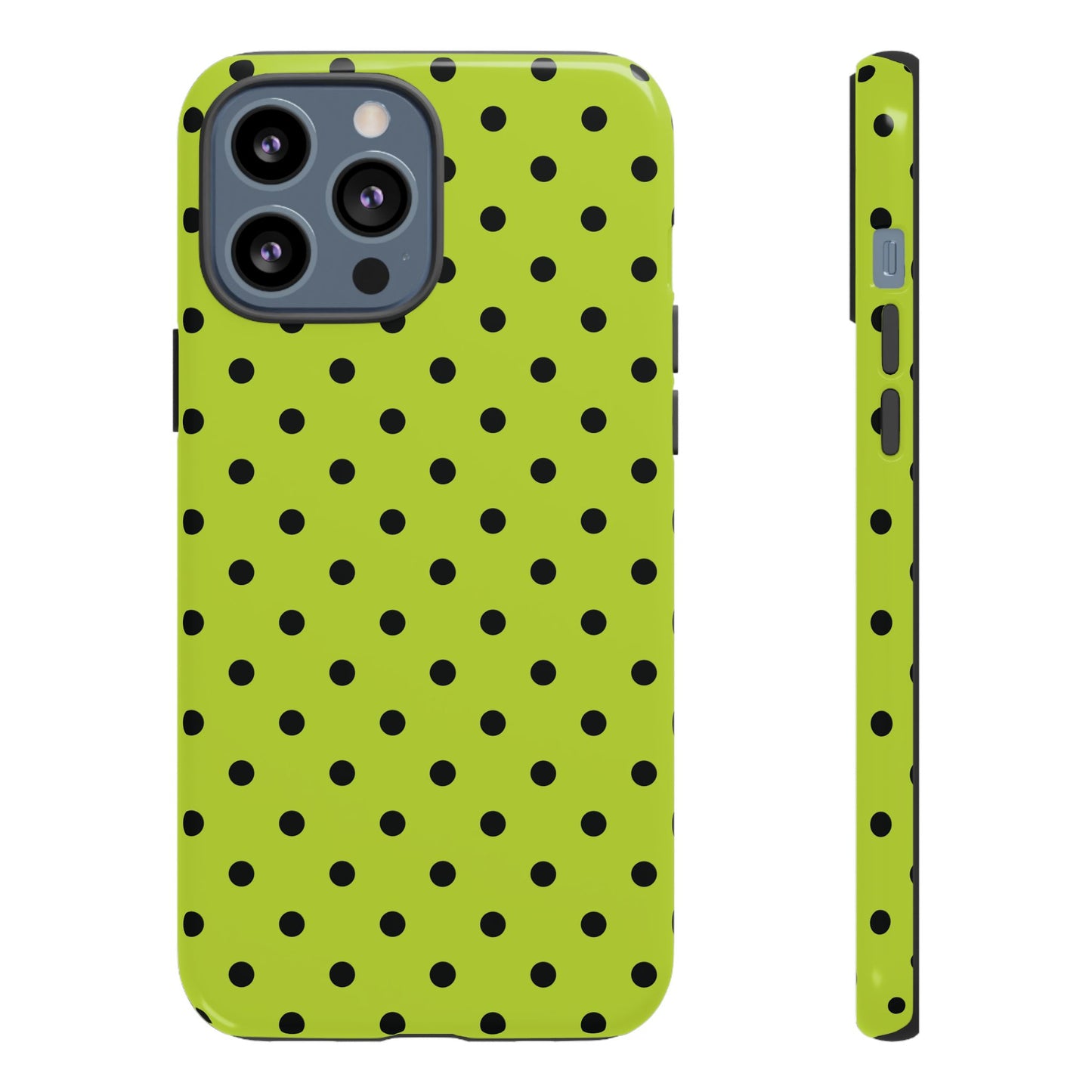 iPhone 13 Pro Max / Glossy Phone Case - Trendy Neon Lime Green & Black Dot Pattern Phone Case