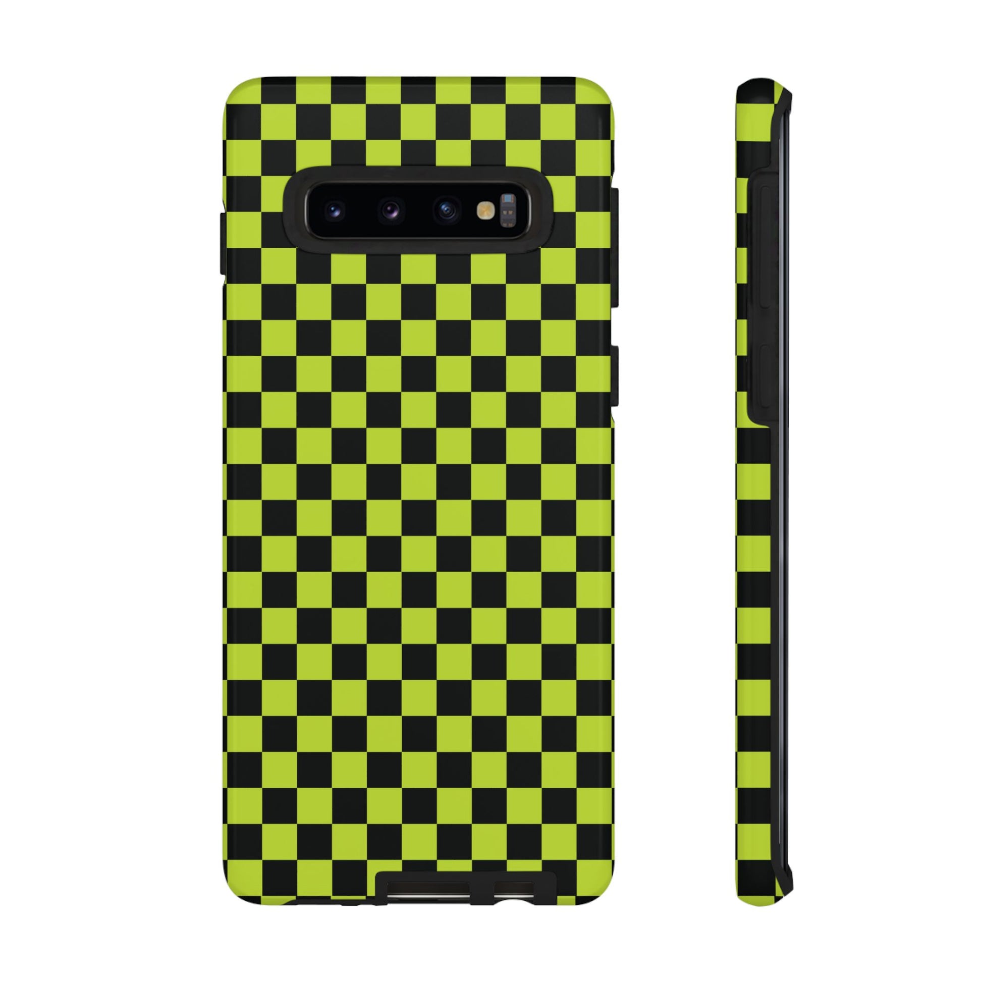 Samsung Galaxy S10 / Glossy Phone Case - Trendy Neon Lime Green & Plum Small Checked Pattern Phone Case