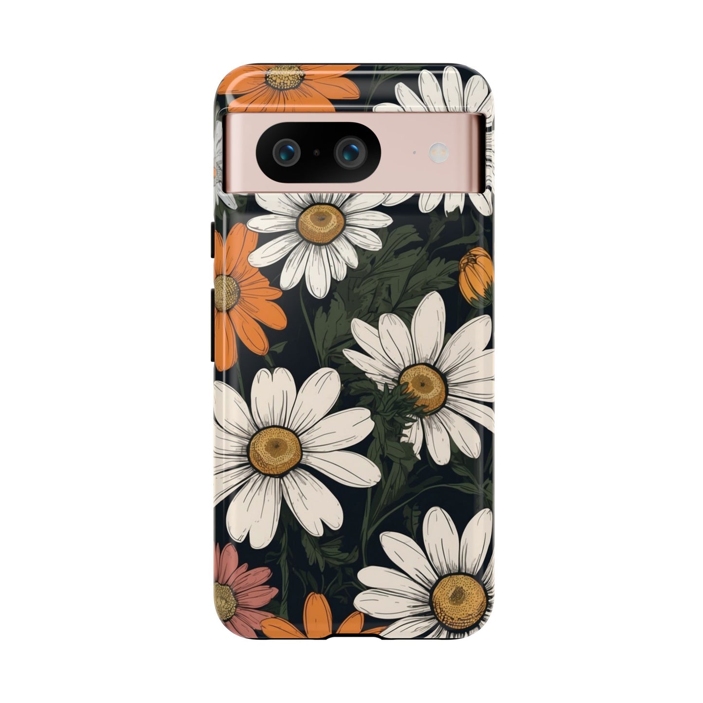 Google Pixel 8 / Glossy Phone Case - Boho Chic Daisies Floral Pattern ’White Orange & Pink’ Phone Case