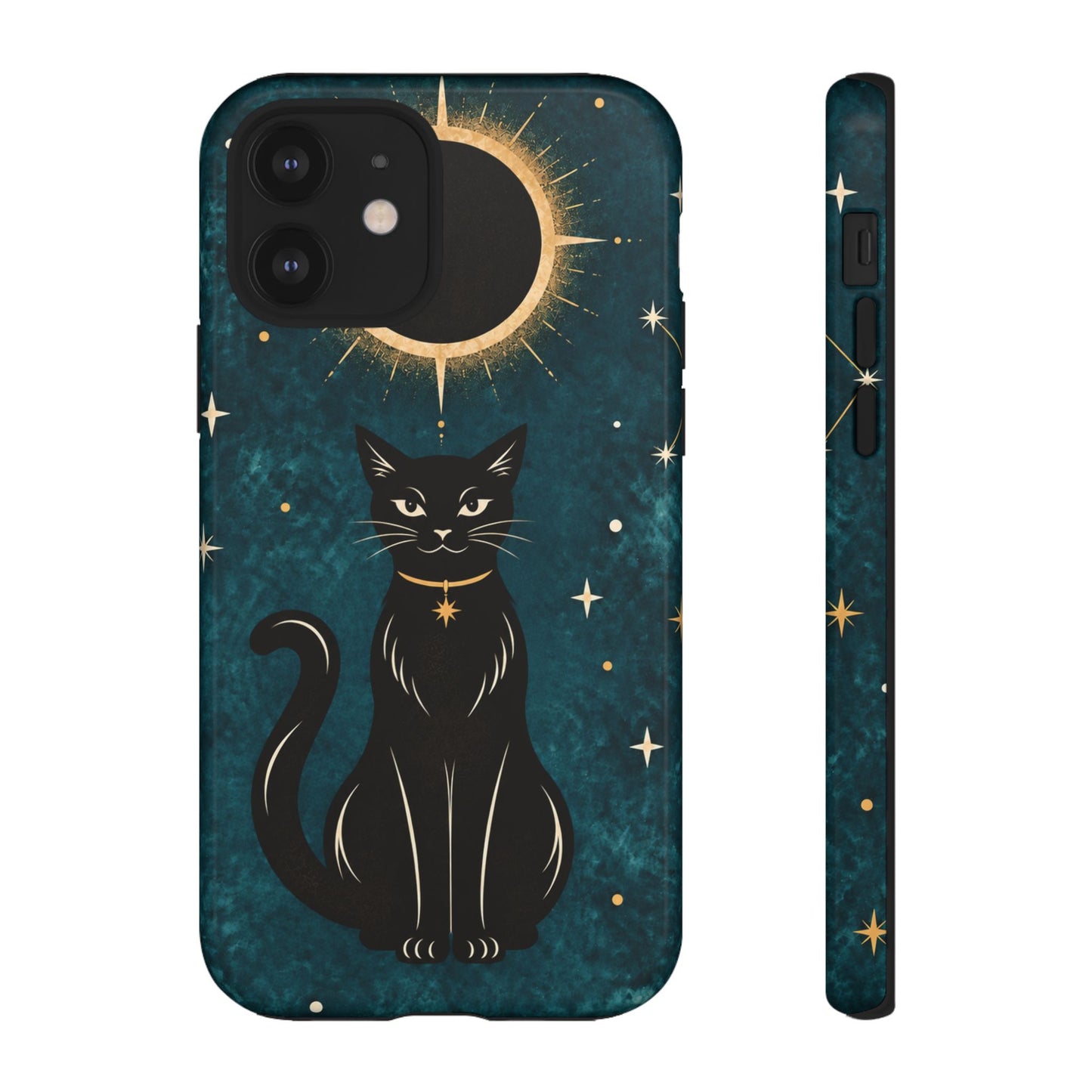 Whimsical Teal Celestial Black Cat Phone Case