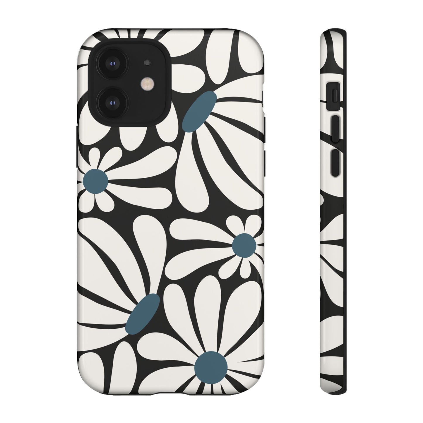 iPhone 12 / Glossy Phone Case - Retro Black Daisy Pattern Phone Case