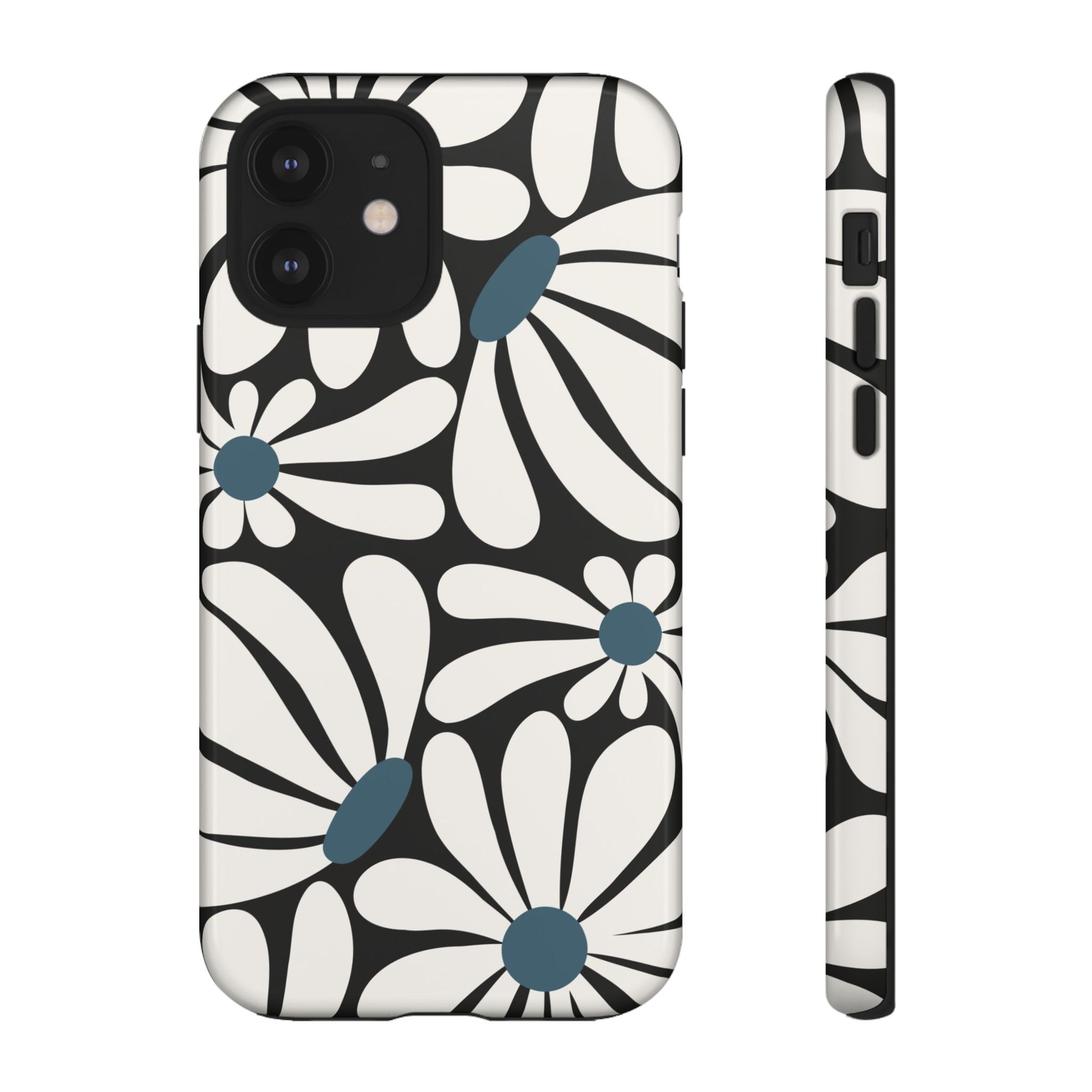 Retro Black Daisy Pattern Phone Case - Black Phone Case - iPhone 12 / Glossy
