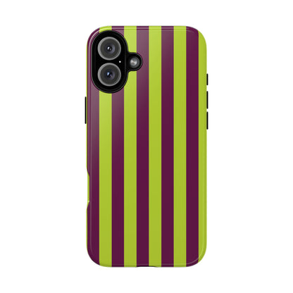 iPhone 16 Plus / Glossy Phone Case - Trendy Neon Lime Green & Plum Stripe Pattern Phone Case