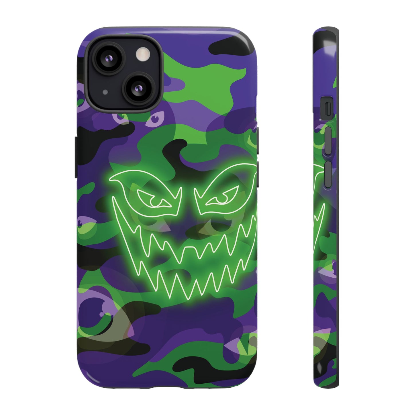 iPhone 13 / Glossy Phone Case - Green & Purple Neon Face Camo Phone Case
