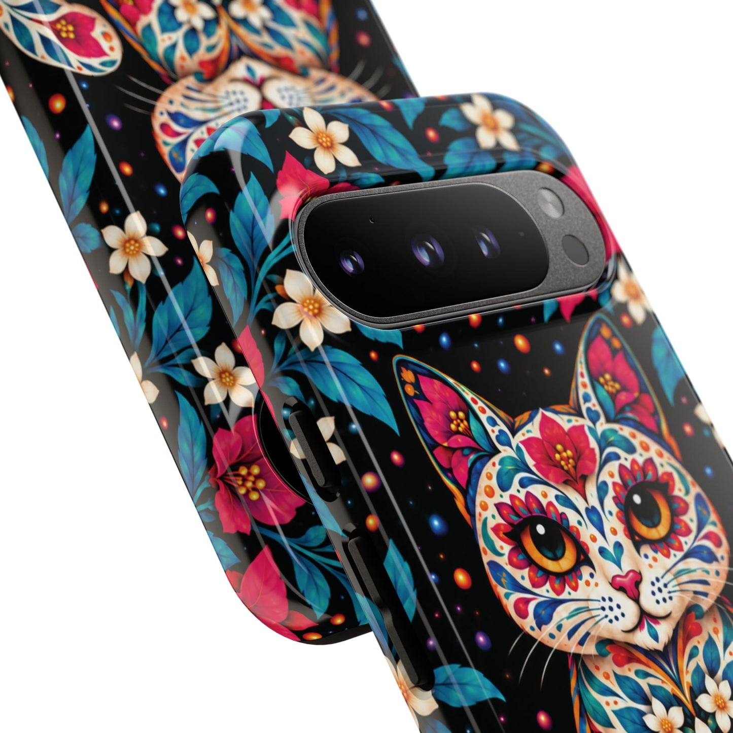 Vibrant Pink and Turquoise Calavera Cat Phone Case - Multicolor Phone Case