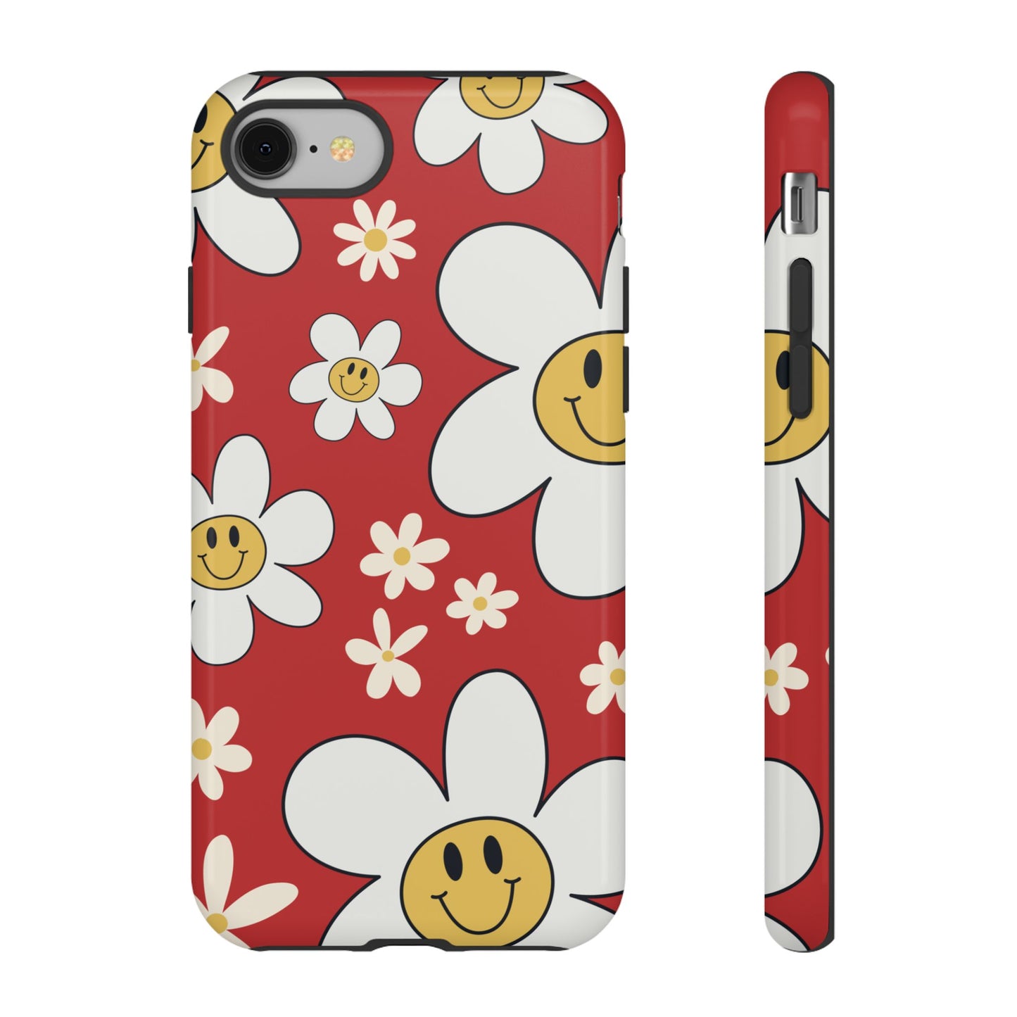 iPhone 8 / Glossy Phone Case - Fun Retro Daisy Pattern with Red Background Phone Case
