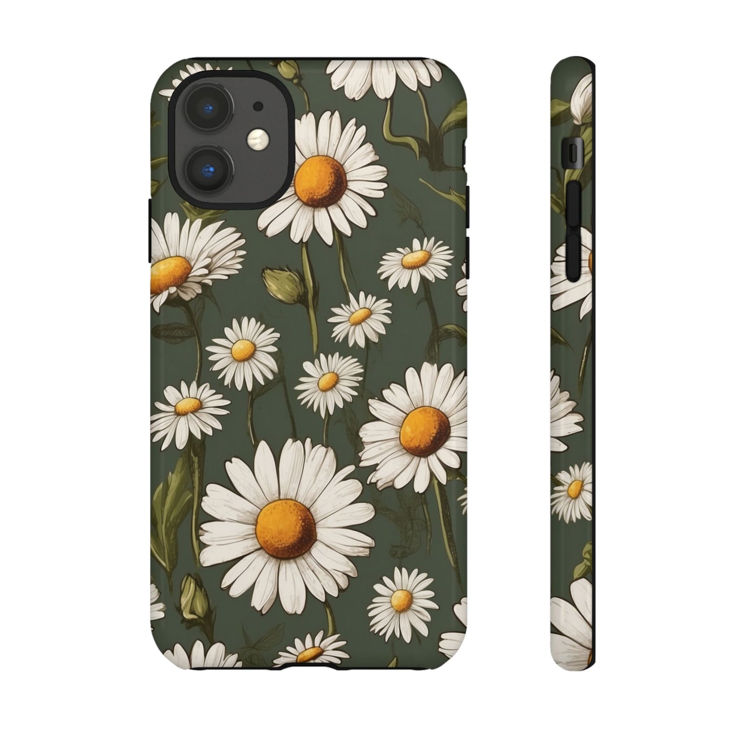 iPhone 11 / Glossy Phone Case - Boho Chic Daisies Floral Pattern ’White & Green’ Phone Case
