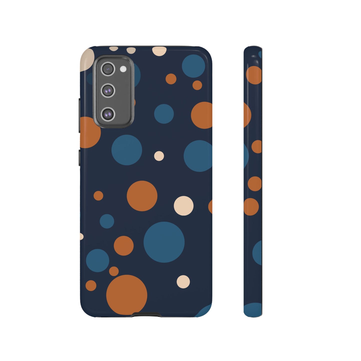 Samsung Galaxy S20 FE / Glossy Phone Case - ’Bold Navy Blue & Orange / White Dot Pattern’ Phone Case
